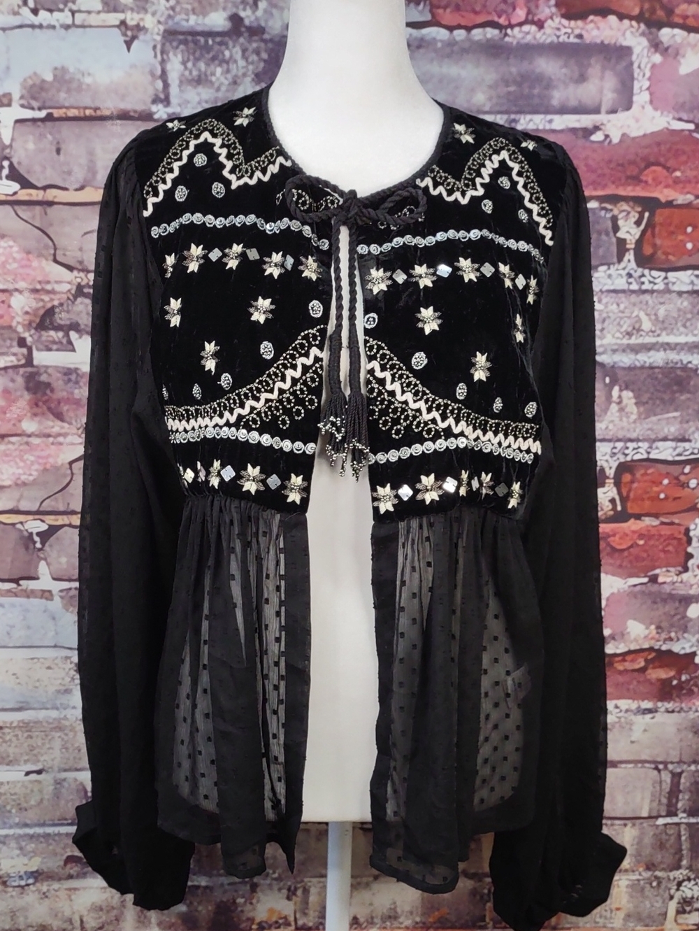 Coco + Carmen Embellished Velvet/Swiss Dot Tie Front Top
